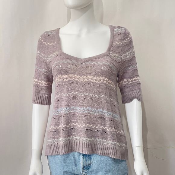 Free People Sweater Womens Medium Purple Striped Sweetheart Neck Short Sleeve - Picture 13 of 16